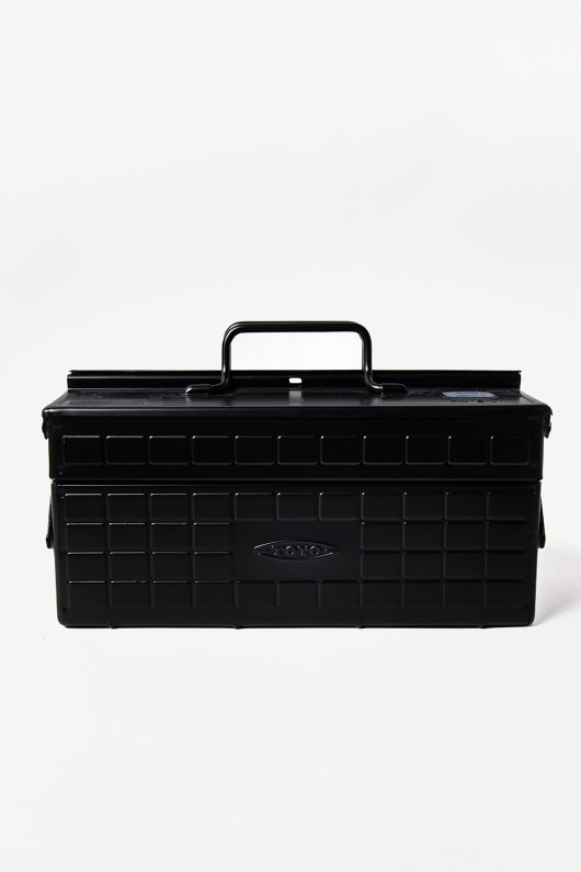 black steel toyo toolbox - front and closed with handle raised